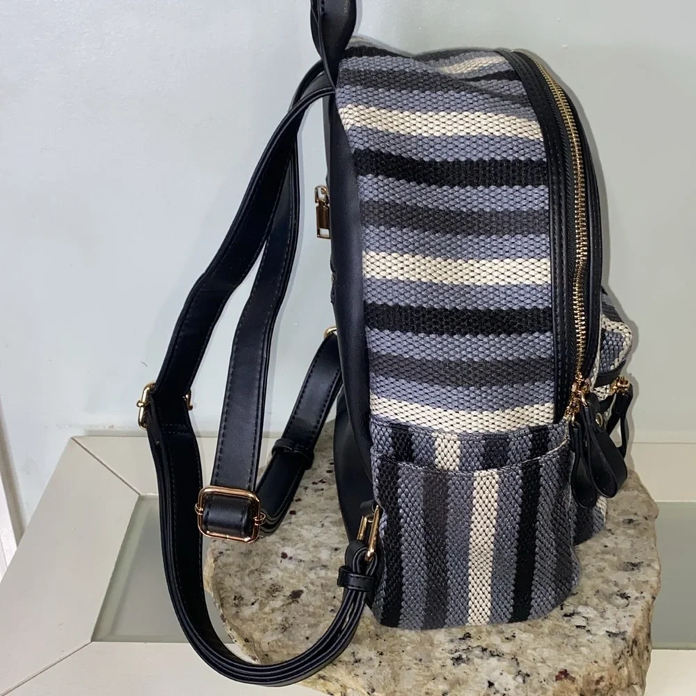 MODA Luxe Trent Backpack Blue Striped Patterned Fabric Faux Leather Travel Bag